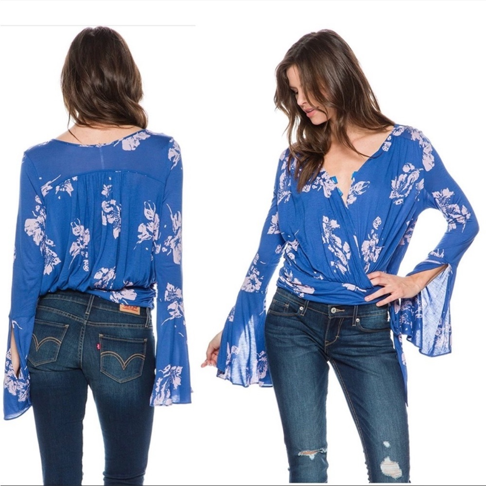 Free People Royal Blue Floral Wrap Top